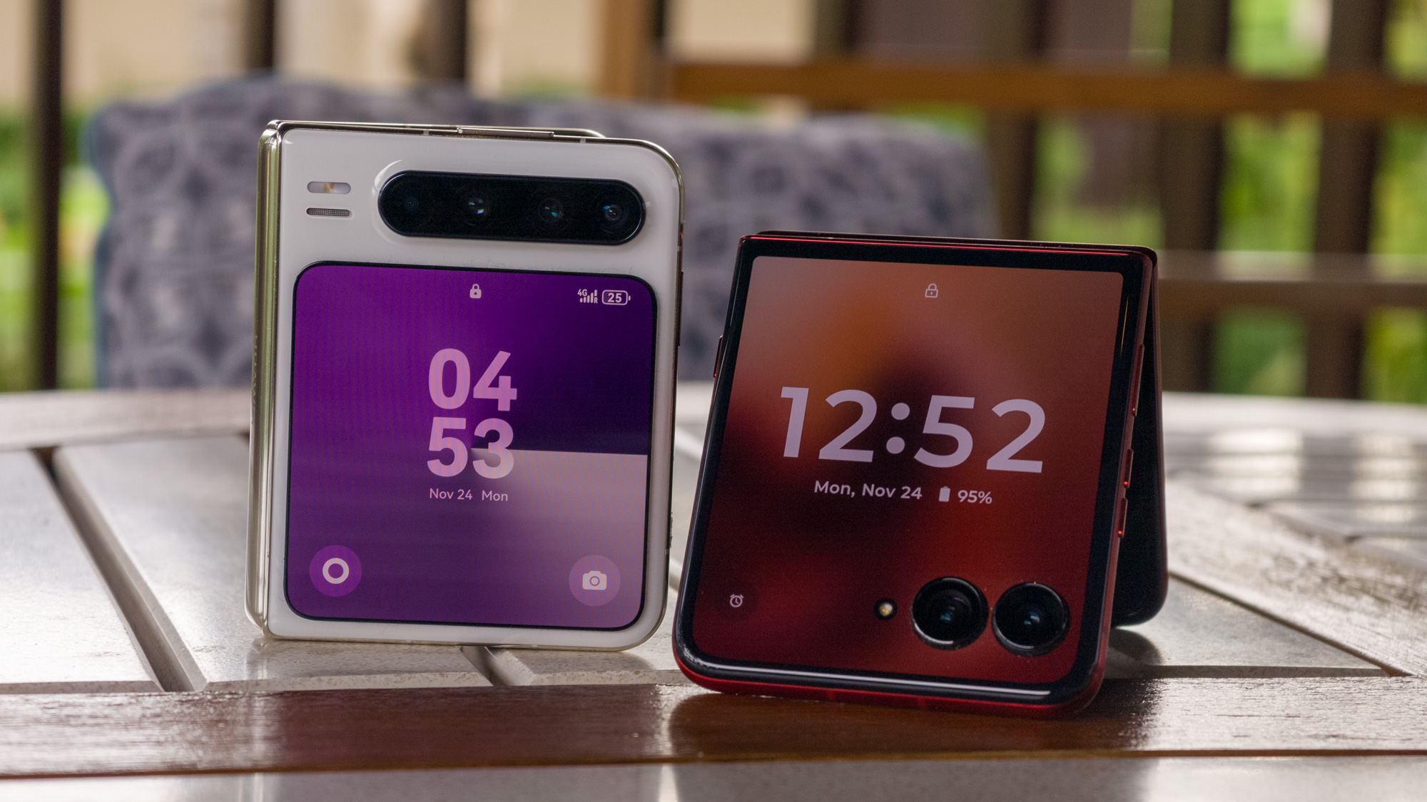 Huawei Pura X cover display on a table next to the Razr Ultra 2025