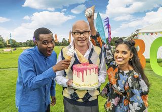 TV tonight - Presenter Harry Hill with judges Liam Charles and Ravneet Gill.