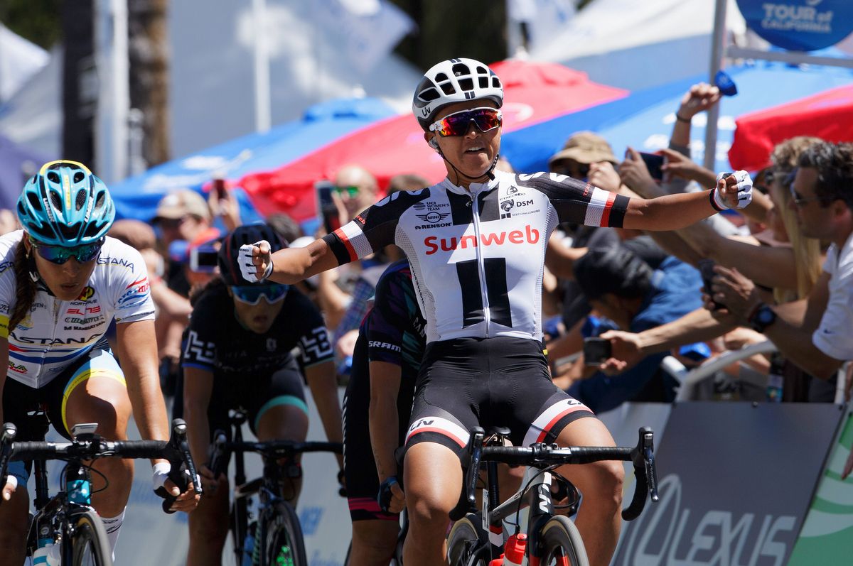 Coryn Rivera (Team Sunweb) celebrates her stage win