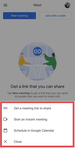 Google Meet options in Gmail app.