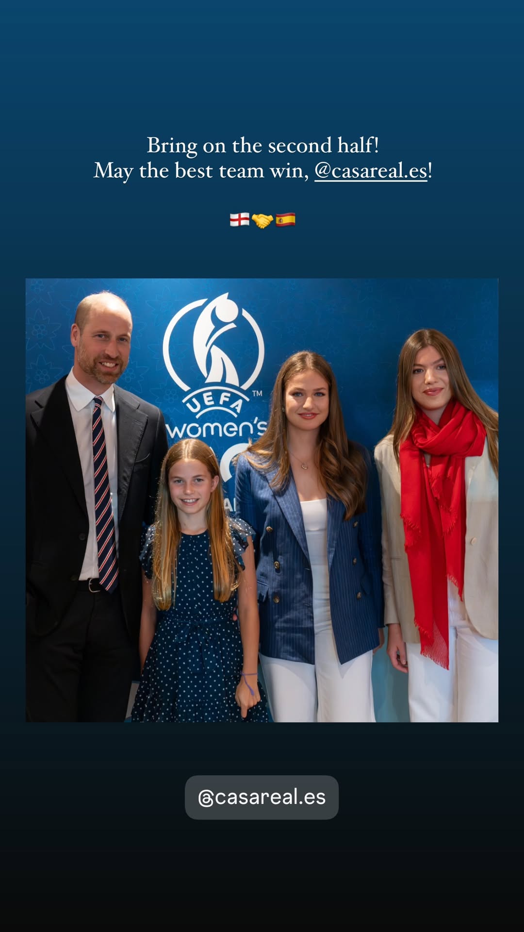 Prince William, Princess Charlotte, Princess Leonor and Infanta Sofia posing at the Women's European soccer championship