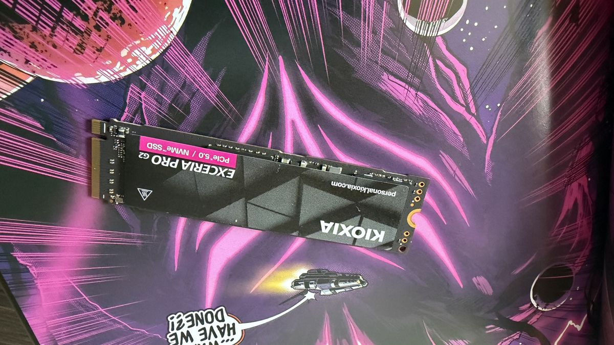 The Kioxia Exceria Pro G2 SSD ready to be installed inside a gaming PC.
