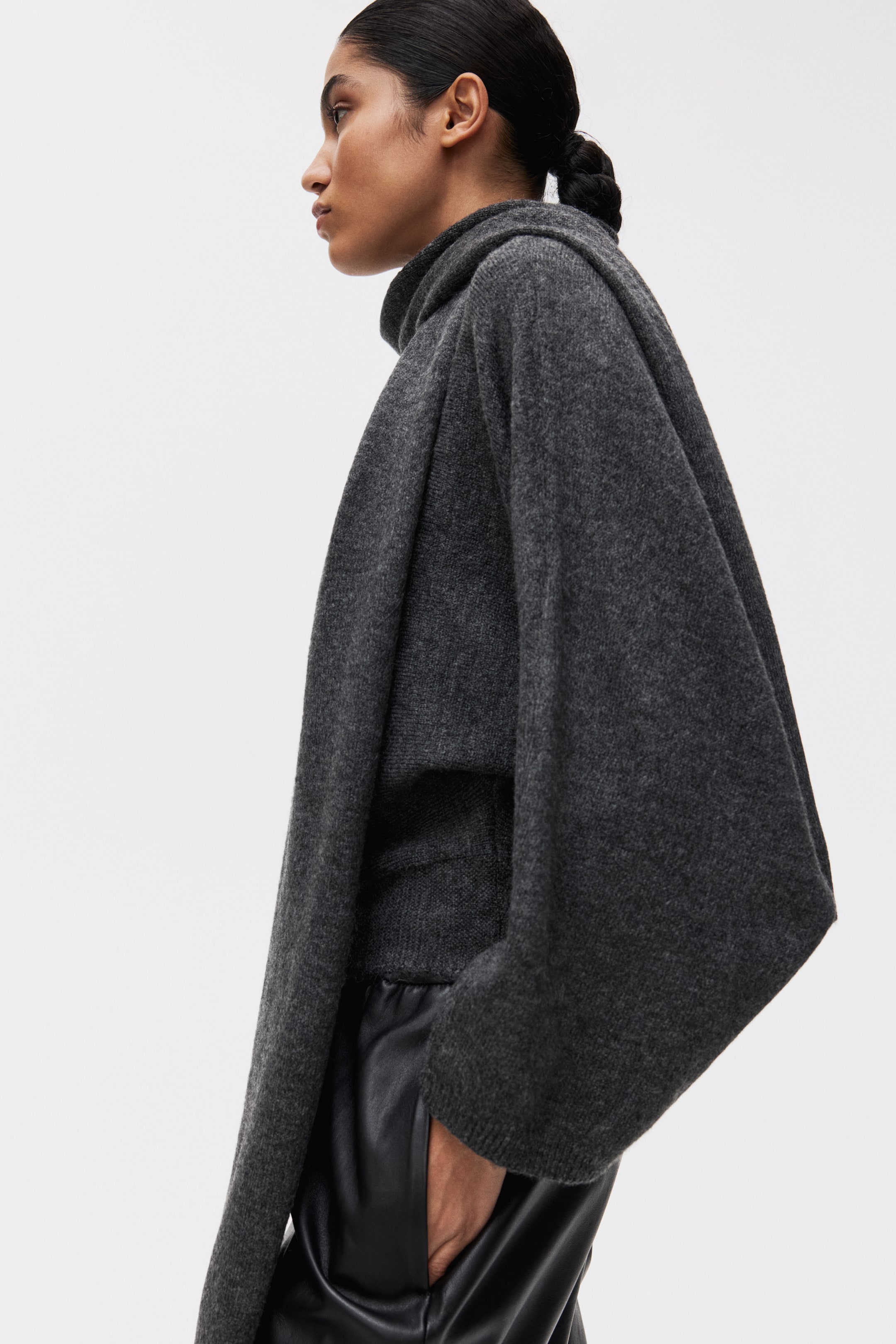 Oversized Scarf-Detail Jumper - Dark Grey Marl