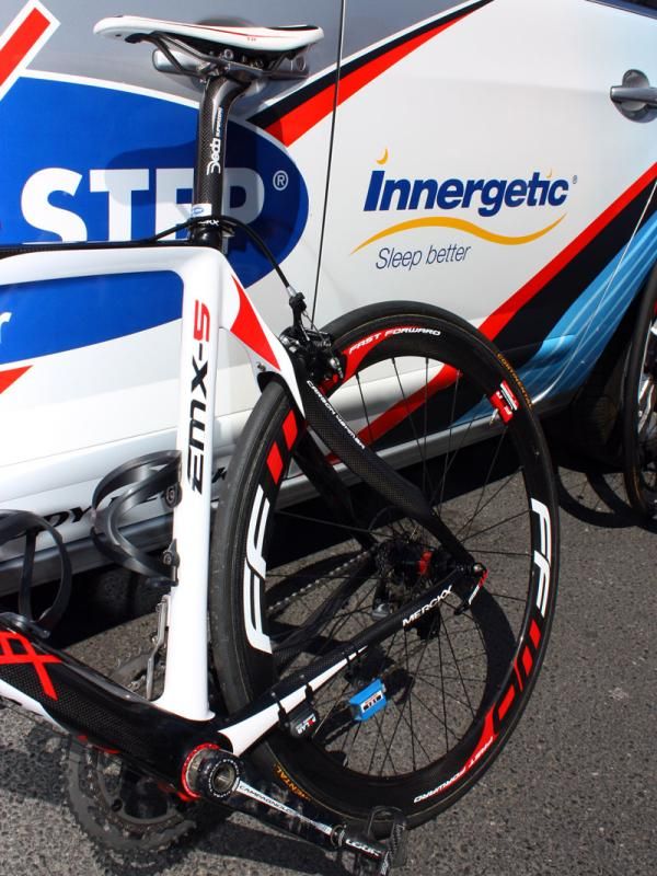 Quick Step's Eddy Merckx EMX-5 frames include noticeably swoopy seat stays.