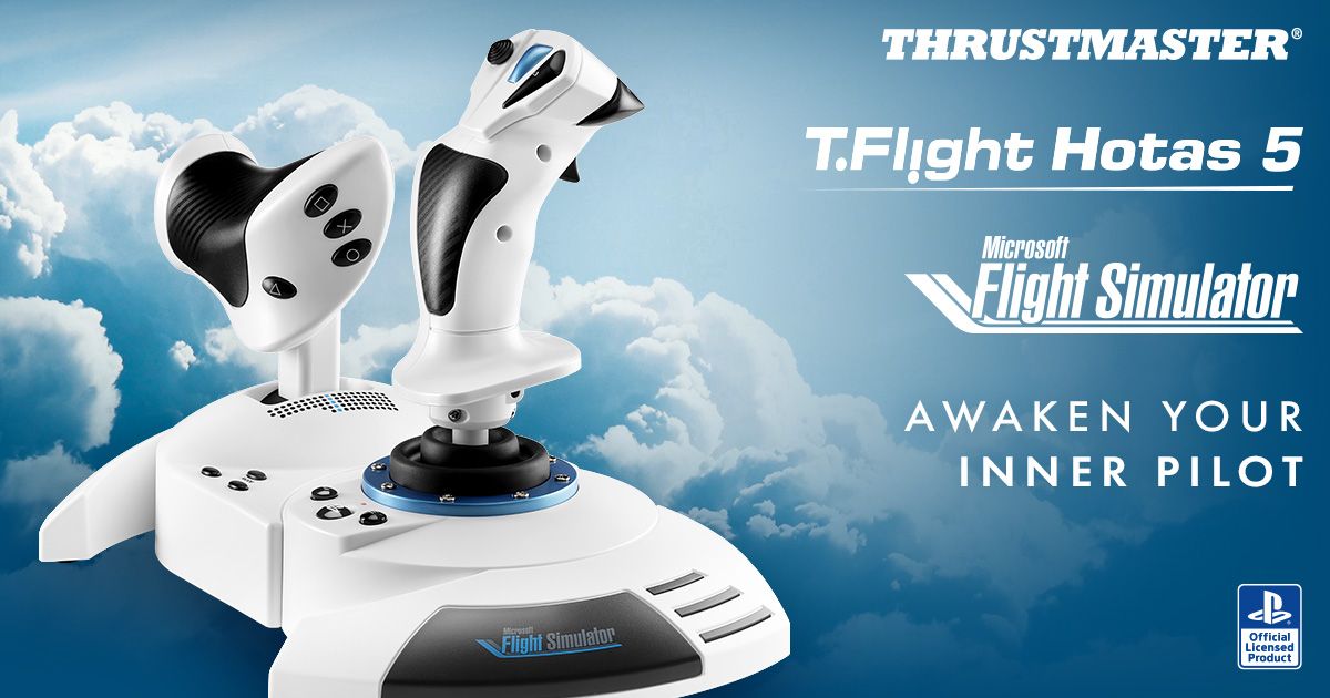 T.Flight Hotas 5 Microsoft Flight Simulator Edition promotional render with blue sky background
