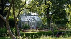 Greenhouse in a lush, green garden during summer, surrounded by established trees