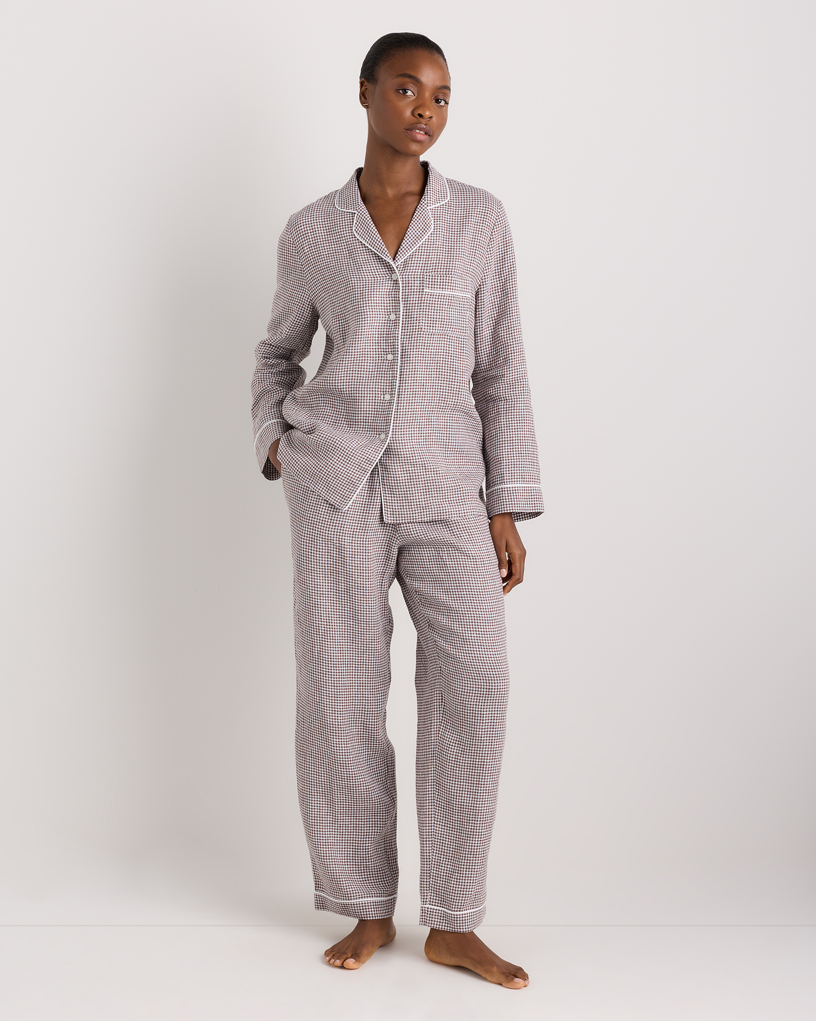 100% European Linen Long Sleeve Pajama Set With Piping in White