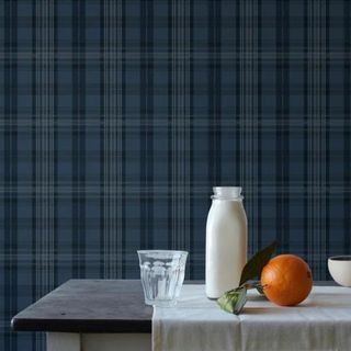 Blue and black gingham-pattern wallpaper