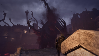 A monsterous boss from Lords of the Fallen vomits a massive, clawed arm while a paladin stares in presumed horror.