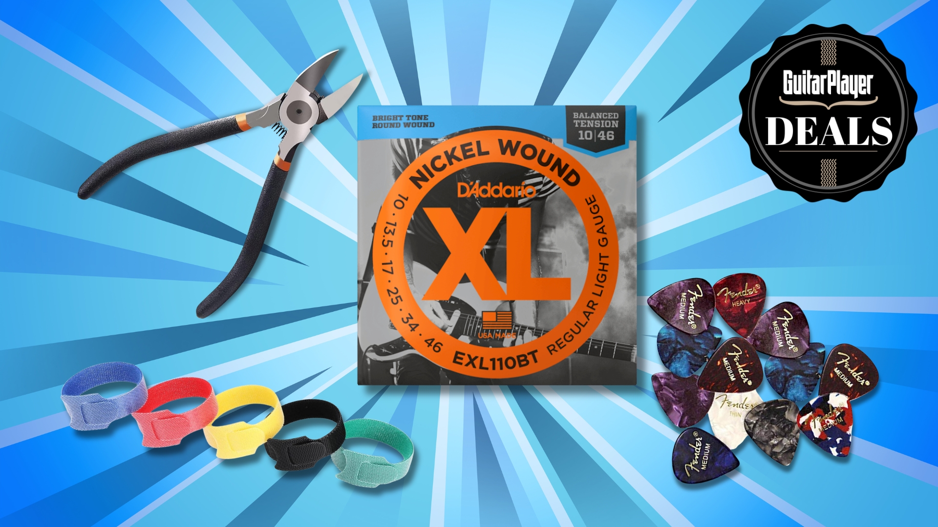 A selection of guitar accessories including guitar strings, cable wraps, guitar picks, and wire cutters on a blue background
