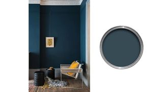 Hague Blue, one of the best Farrow & Ball paints, used in a living room, and a pot of it next to the room