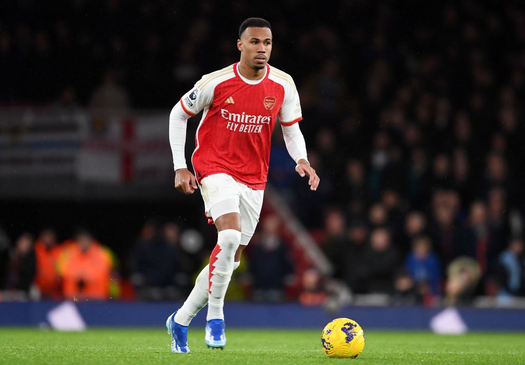 William Saliba of Arsenal runs with the ball during the Premier League match between Arsenal FC and West Ham United at Emirates Stadium on December 28, 2023 in London, England. (Photo by Stuart MacFarlane/Arsenal FC via Getty Images)