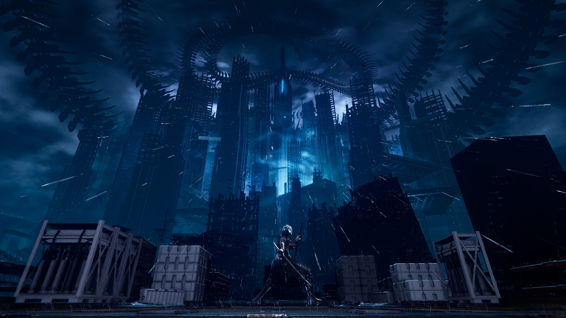 Yakumo standing in front of an abandoned Tokyo with the Dark Dragon's skeleton looming over it in Ninja Gaiden 4.