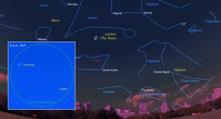 Night sky map shows illustrations of the moon and Jupiter close to each other. 