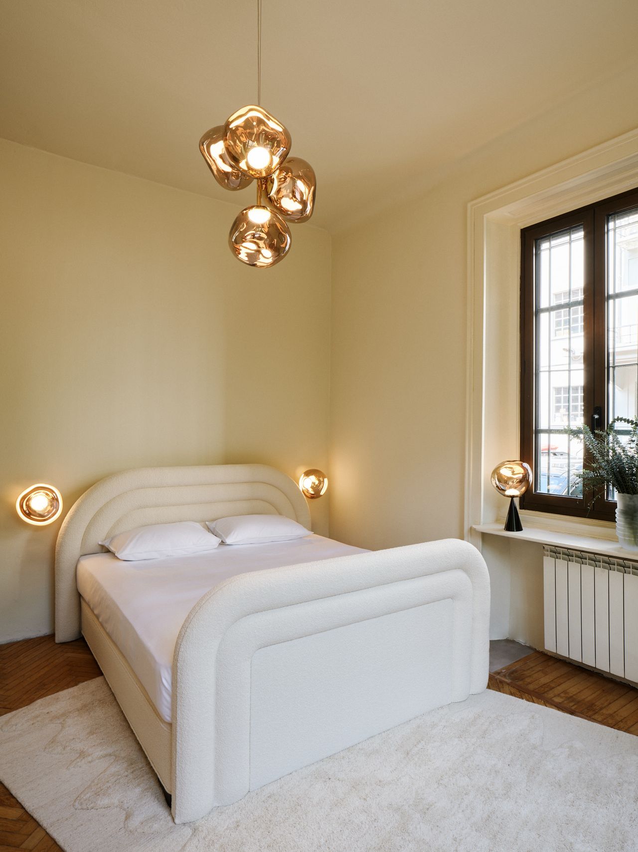 Inside Mua Mua Hotel designed by Tom Dixon for Milan Design Week 2026, featuring Tom Dixon x Vispring bed collaboration