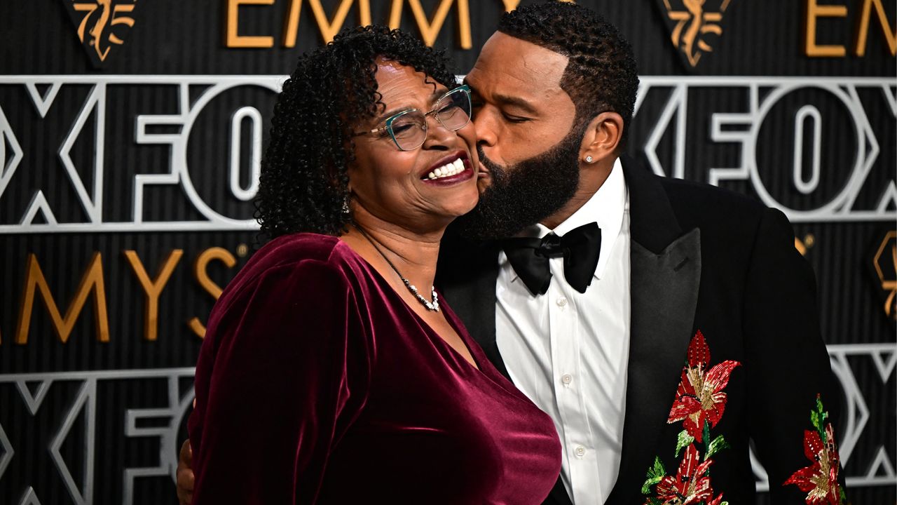 Anthony Anderson and his mom Doris Bowman arrive for the 75th Emmy Awards