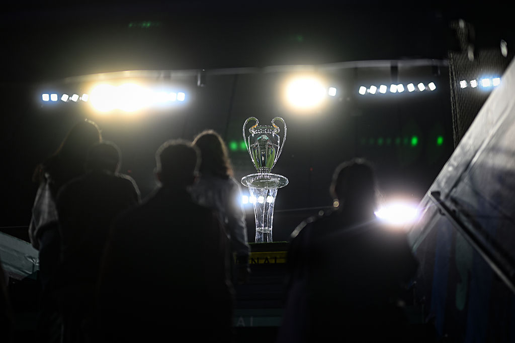 The Champions League trophy is seen ahead of the UEFA Champions League Final 2025 between Paris Saint-Germain and FC Internazionale Milano at Munich Football Arena on May 29, 2025 in Munich, Germany.