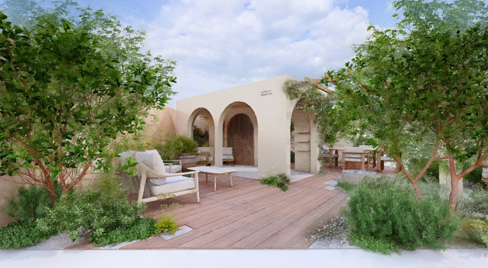 a render of a mediterranean garden design at chelsea flower show