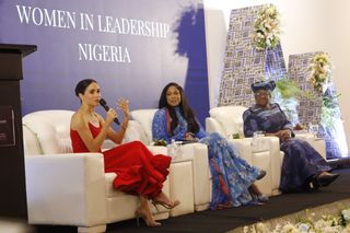 Meghan Markle onstage in a women in leadership Nigeria panel