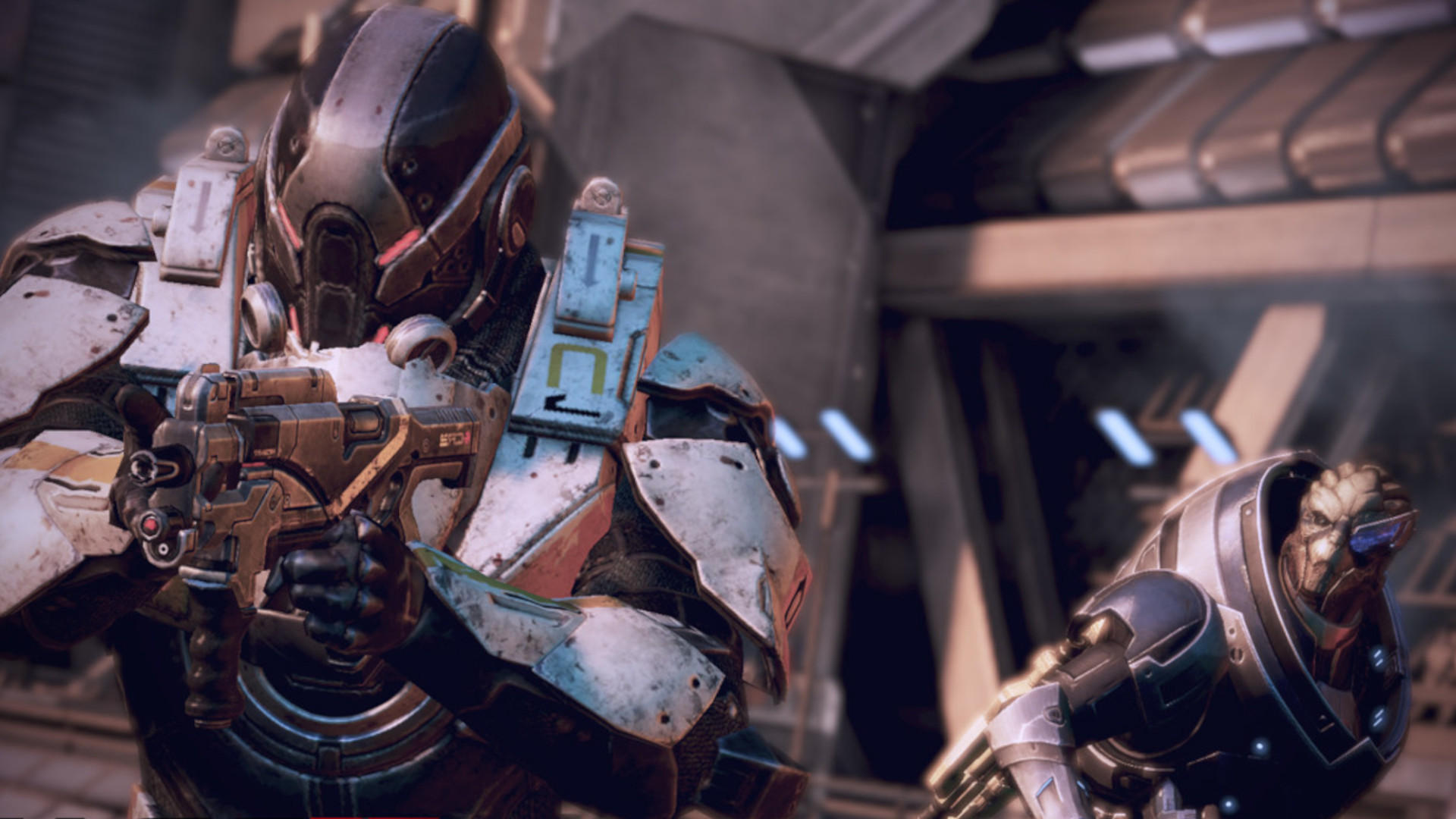 Commander Shepard holding a gun with garrus in the background during the RPG Mass Effect 3