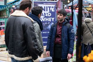 Leo King is confronted by Martin Fowler and Kush Kazemi in EastEnders