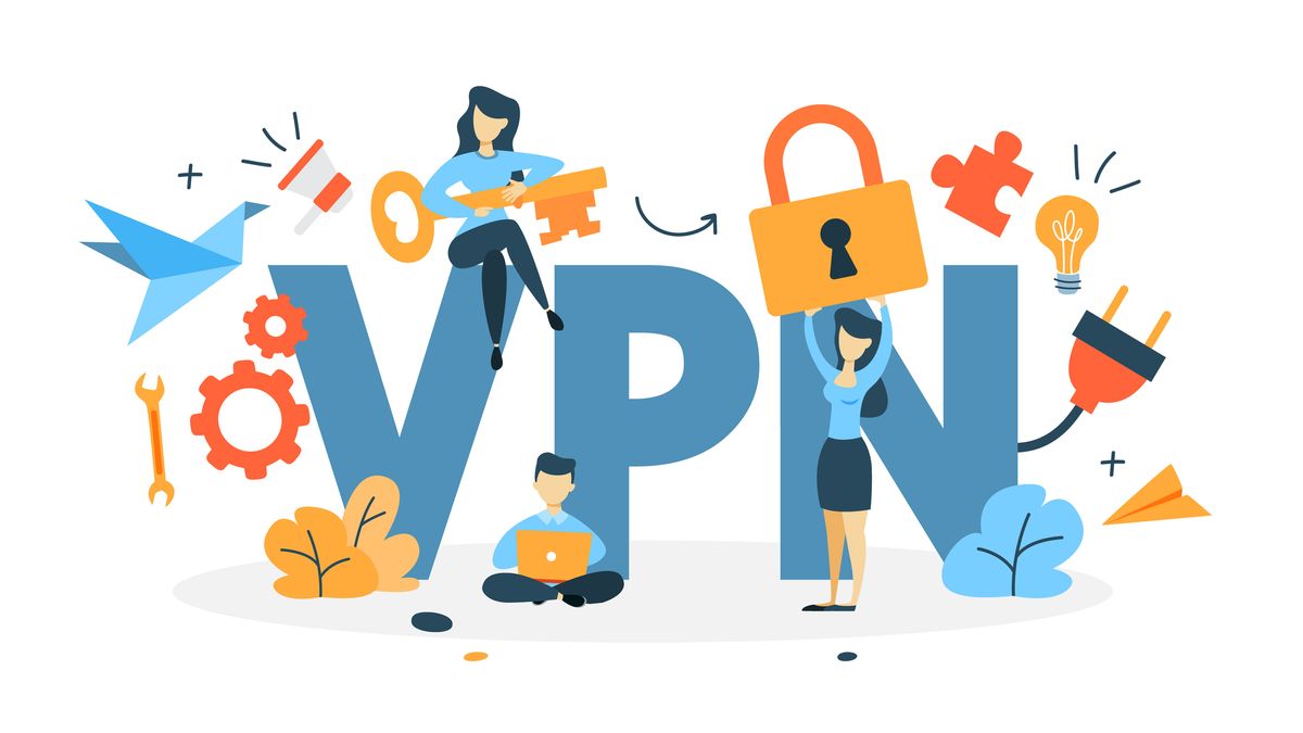 An illustration, containing gears, a puzzle piece, lightbuld, and wrench, and three people (holding a key, laptop, and padlock), surrounding the &quot;VPN&quot; abbreviation.