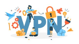 An illustration, containing gears, a puzzle piece, lightbuld, and wrench, and three people (holding a key, laptop, and padlock), surrounding the "VPN" abbreviation.