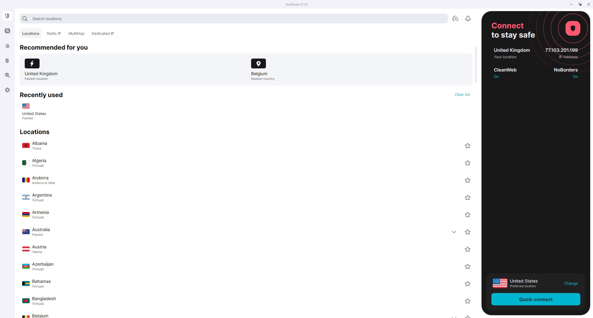 Screengrabs showing Surfshark running