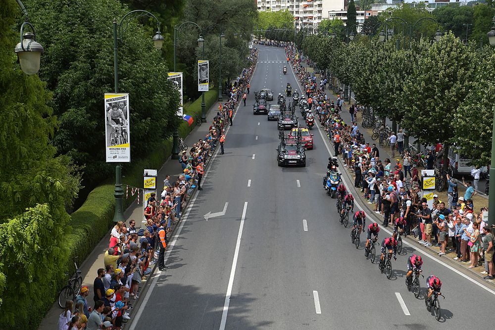 Team Ineos racing the team time trial at the Tour de France