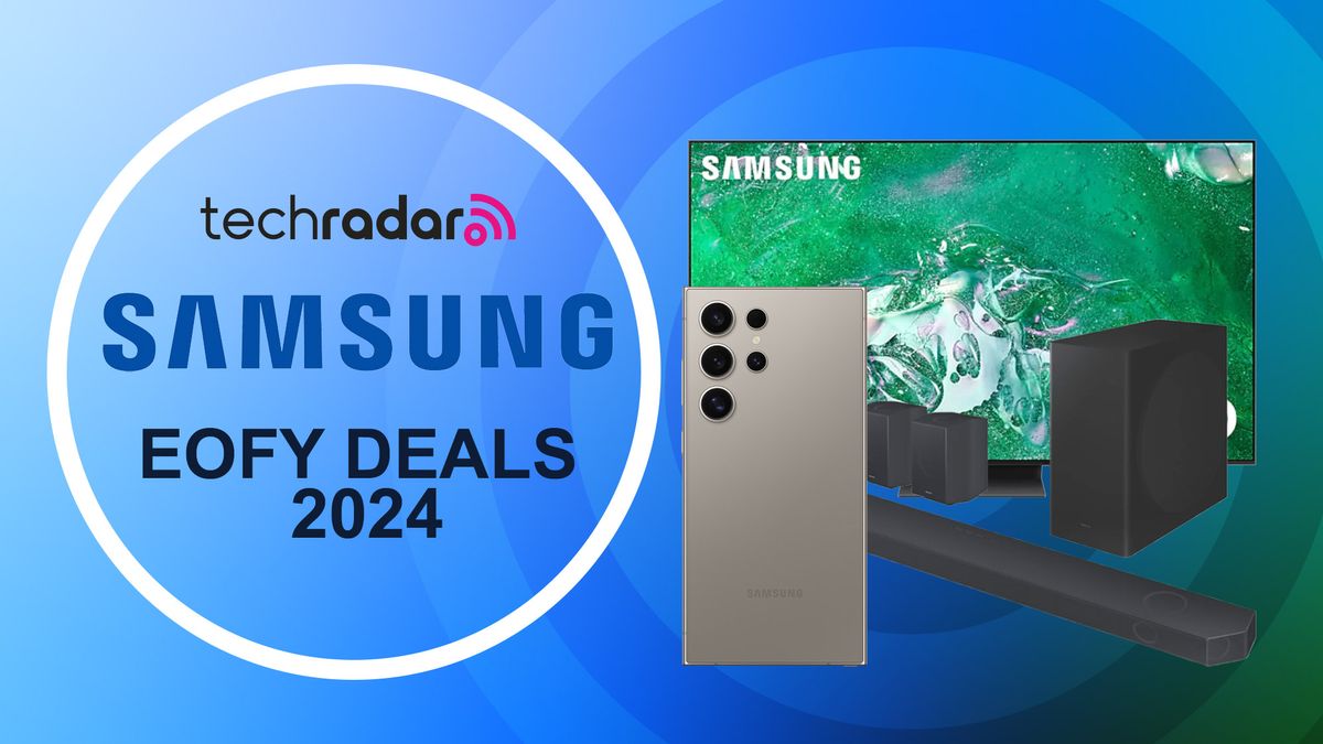 Samsung Galaxy S24 Ultra, S90D OLED and Q930D soundbar on blue gradient background with TechRadar logo and &quot;Samsung EOFY Deals 2024&quot; text