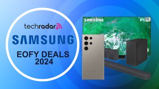 Samsung Galaxy S24 Ultra, S90D OLED and Q930D soundbar on blue gradient background with TechRadar logo and "Samsung EOFY Deals 2024" text