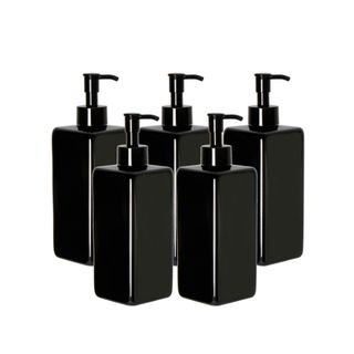 Five black soap dispenser bottles