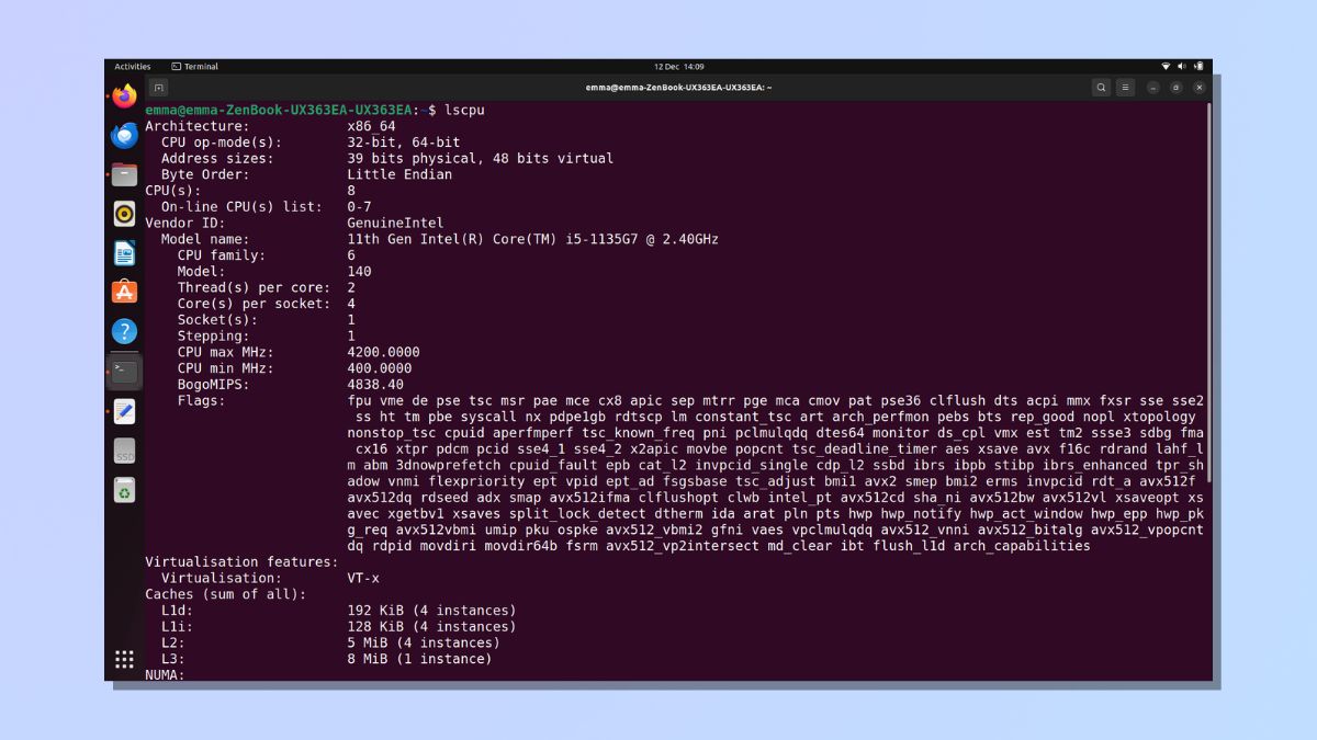 снимок экрана, показывающий, как найти информацию о процессоре в Linux — команда lscpu