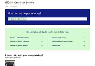 eBay customer service page with "search eBay help" highlighted