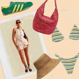 Collage of Bathing Suit, Sun Hat, Adidas Sneakers