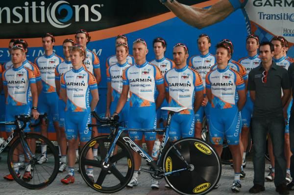 Robbie Hunter (holding time trial bike) is a new addition to Garmin - Transitions for 2010.