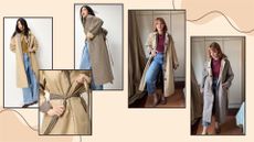 three model shots and two shots of matilda wearing the F&F reversible trench