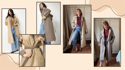 three model shots and two shots of matilda wearing the F&F reversible trench