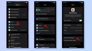 The first screenshot shows the Settings app on iPhone, with a red arrow pointing at iCloud. The second screenshot shows the iCloud menu in Settings, with a red arrow pointing at Photos. The third screenshot shows a red arrow pointing at the Optimize iPhone Storage option under Photos. 