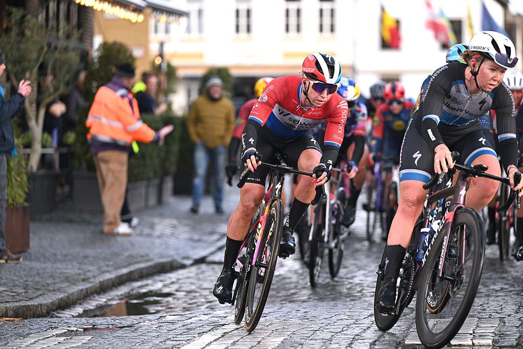 The Dutch champion takes a turn on wet cobbles