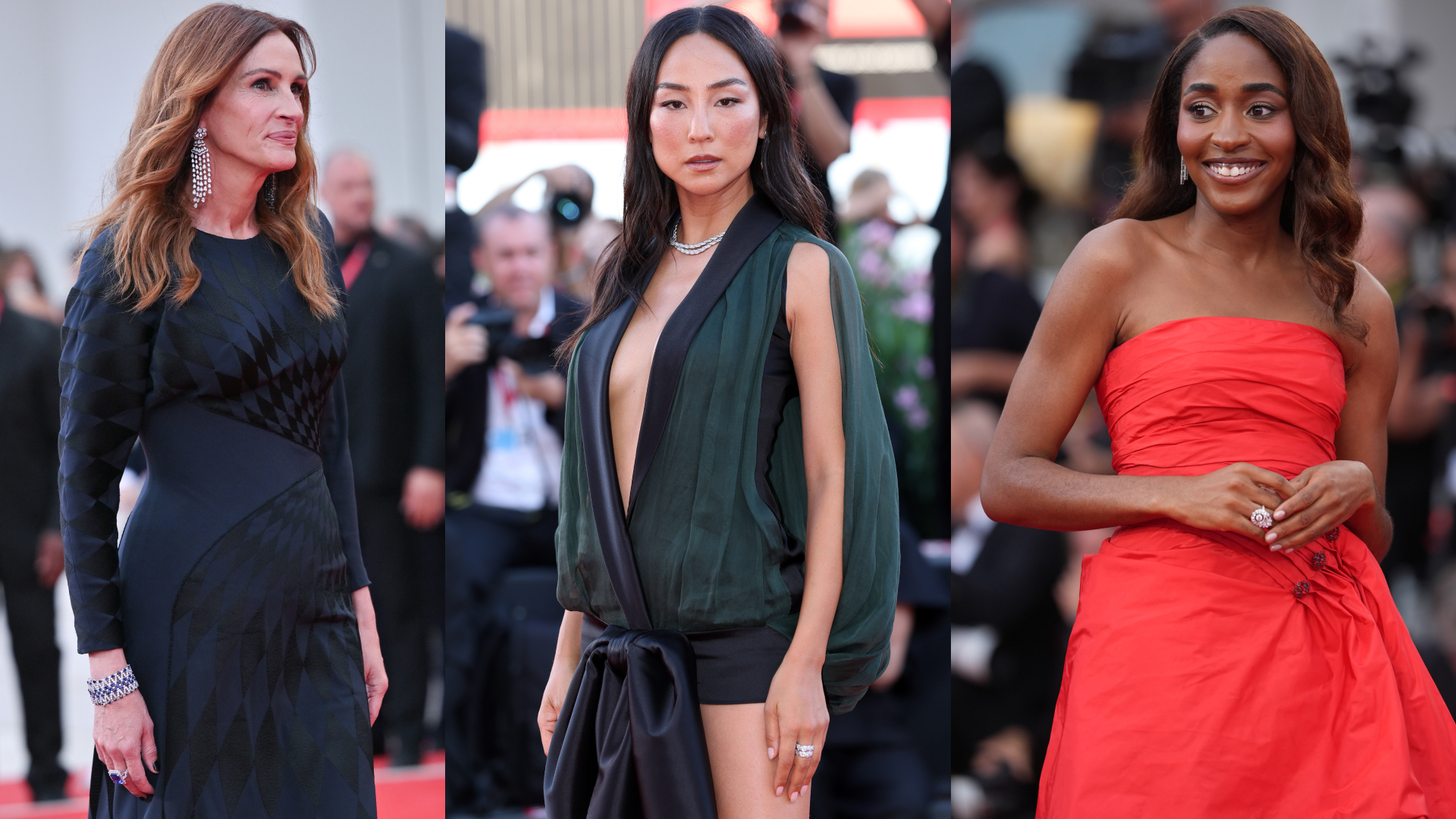 Julia Roberts, Ayo Edebiri, and Greta Lee attend the 2025 Venice Film Festival in custom pieces by new designers at Dior, Chanel, and Versace