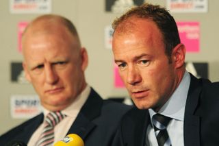 Alan Shearer (right) and assistant Iain Dowie are unveiled at a press conference