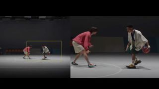 Two shots of basketball players playing on court being shot on a smartphone