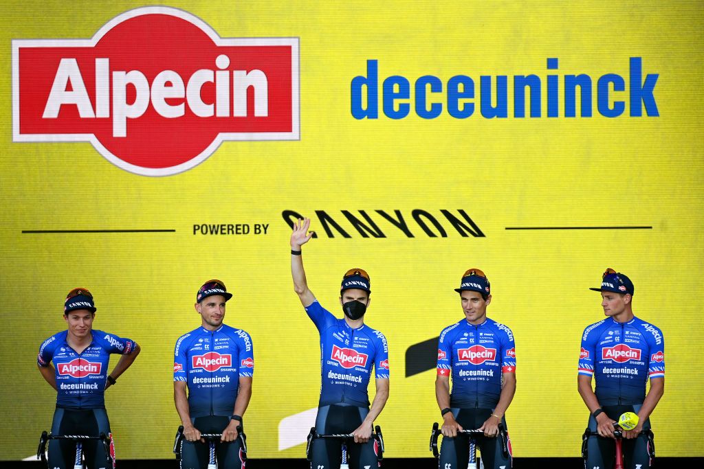 COPENHAGEN DENMARK JUNE 29 A general view of Jasper Philipsen of Belgium Edward Planckaert of Belgium Kristian Sbaragli of Italy Silvan Dillier of Switzerland Mathieu Van Der Poel of Netherlands and Team AlpecinFenix during the Team Presentation of the 109th Tour de France 2022 at Tivoli Gardens in Copenhagen City TDF2022 on June 29 2022 in Copenhagen Denmark Photo by Stuart FranklinGetty Images