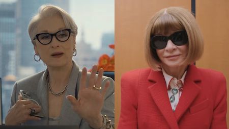 Meryl Streep wearing gray blazer and glasses as Miranda Priestly in The Devil Wears Prada 2 Trailor/ Anna Wintour wearing red jacket and sunglasses in Vogue promotional video (side by side image)