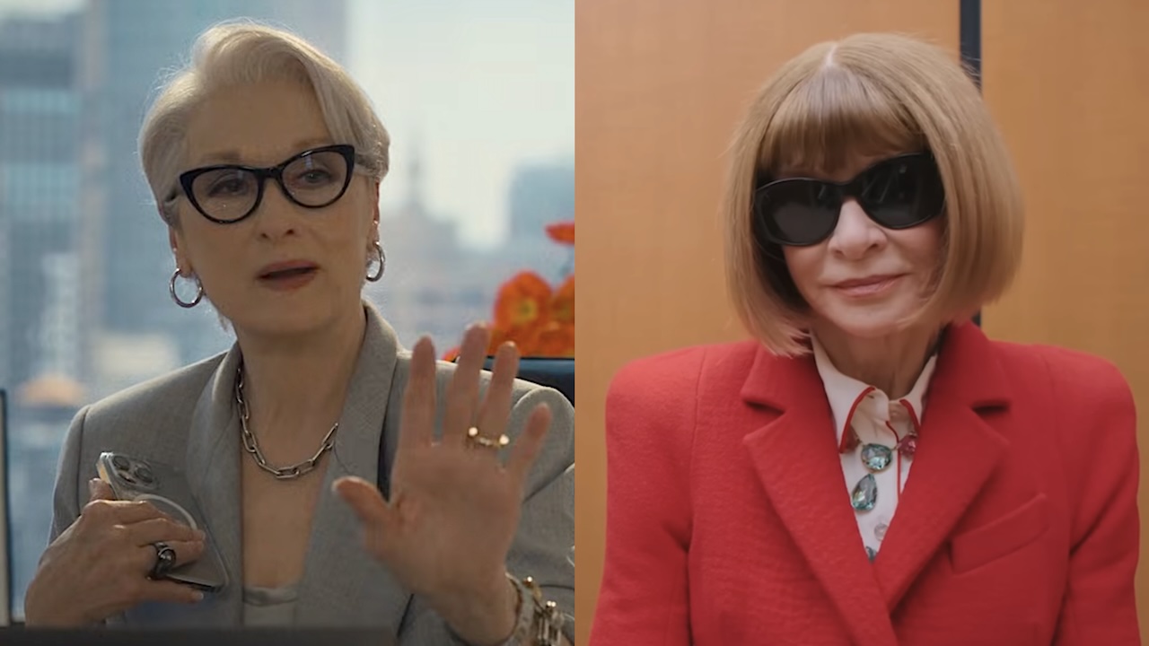 Meryl Streep wearing gray blazer and glasses as Miranda Priestly in The Devil Wears Prada 2 Trailor/ Anna Wintour wearing red jacket and sunglasses in Vogue promotional video (side by side image) 