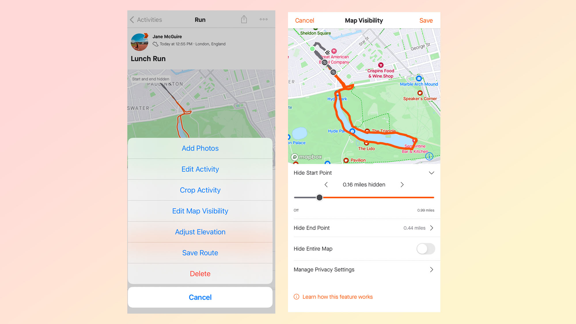 A photo of the privacy settings in the Strava app