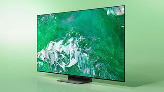 Samsung QN55S90D TV with green backdrop