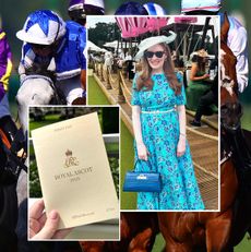 Kristin Contino posing in a blue dress next to an image of a Royal Ascot program and horses racing