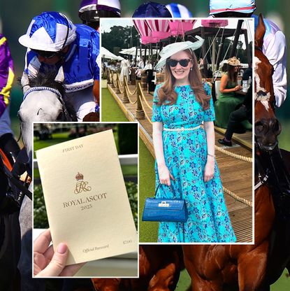 Kristin Contino posing in a blue dress next to an image of a Royal Ascot program and horses racing